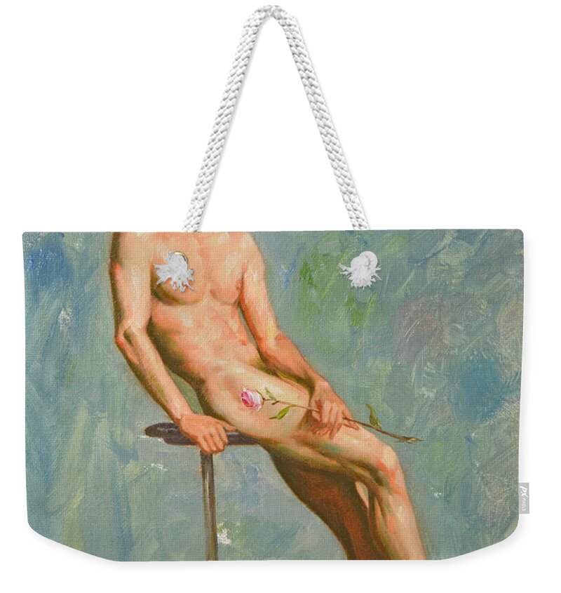 Original Weekender Tote Bag featuring the painting Original Impression Oil Painting Gay Man Body Art Male Nude And Red Rose#16-2-5-45 by Hongtao Huang