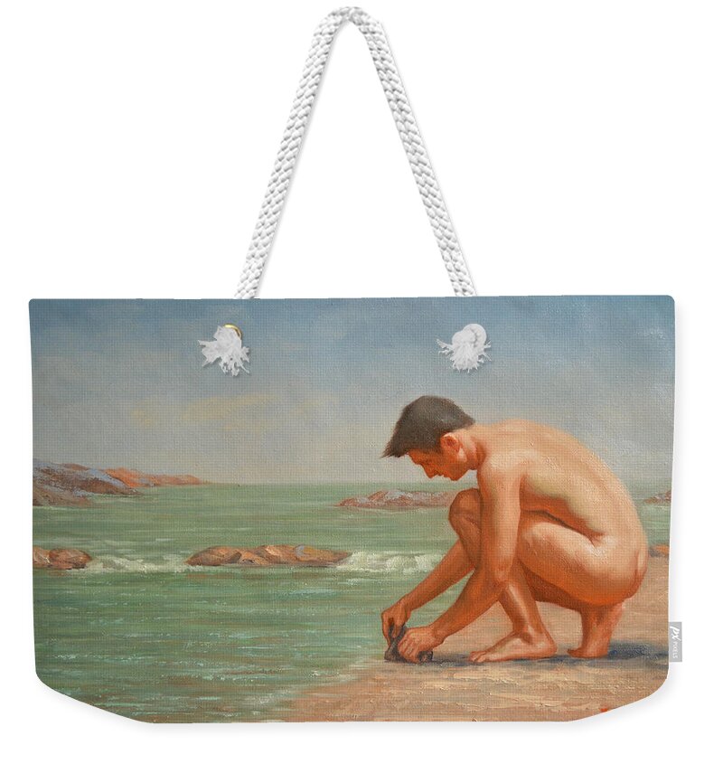 Original Weekender Tote Bag featuring the painting Original Oil Painting Man Body Art Male Nude By The Sea#16-2-5-42 by Hongtao Huang