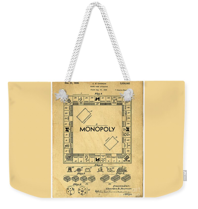 Monopoly Weekender Tote Bag featuring the digital art Original Patent for Monopoly Board Game by Edward Fielding