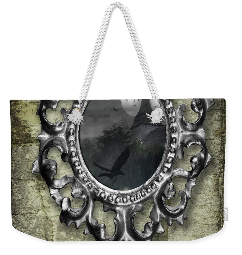 Ornate Weekender Tote Bag featuring the photograph Ornate Metal Mirror Reflecting Church by Amanda Elwell
