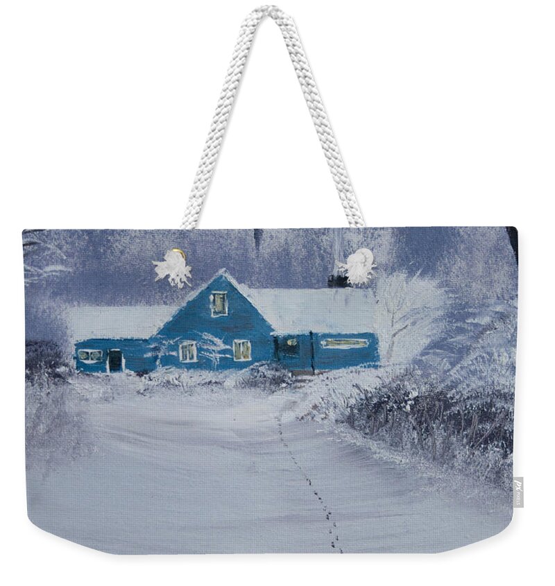 2008 Winter Weekender Tote Bag featuring the painting Our Little Cabin in the Snow by Ian Donley