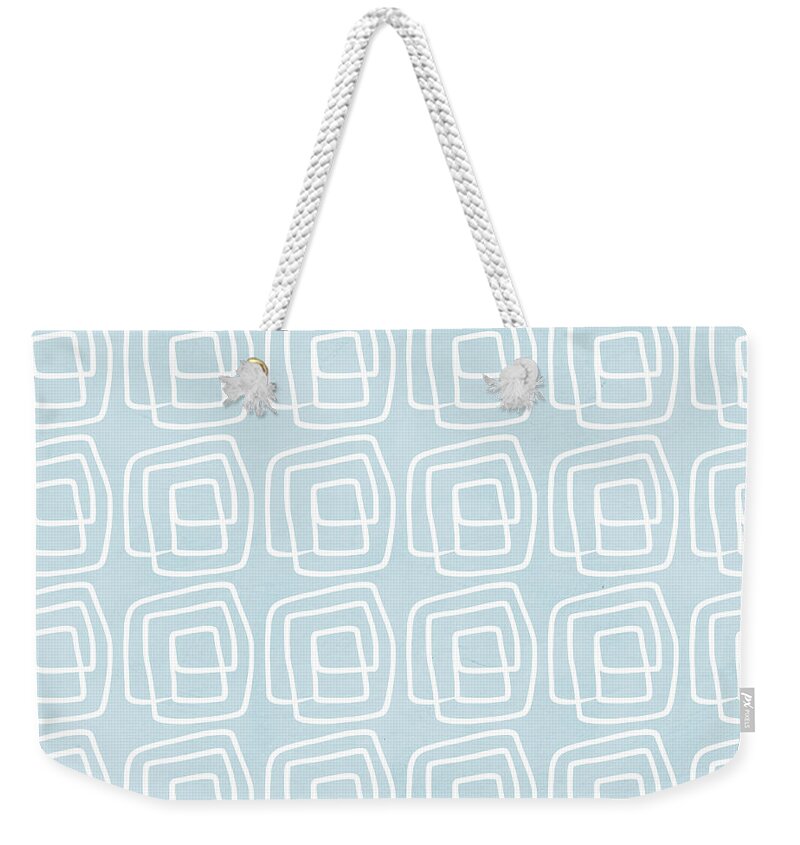 Boho Weekender Tote Bag featuring the painting Out of The Box blue and white pattern by Linda Woods