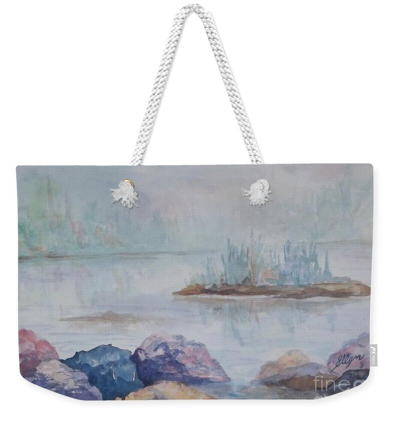 Rocks Weekender Tote Bag featuring the painting Out of the Mist by Ellen Levinson