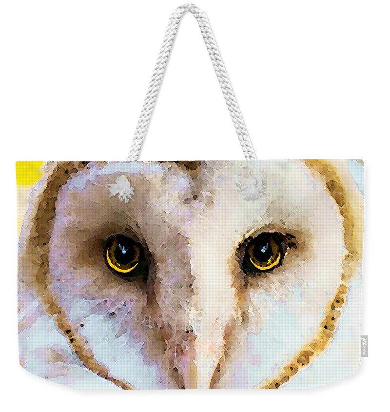 Owl Weekender Tote Bag featuring the painting Owl Art - Soft Love by Sharon Cummings