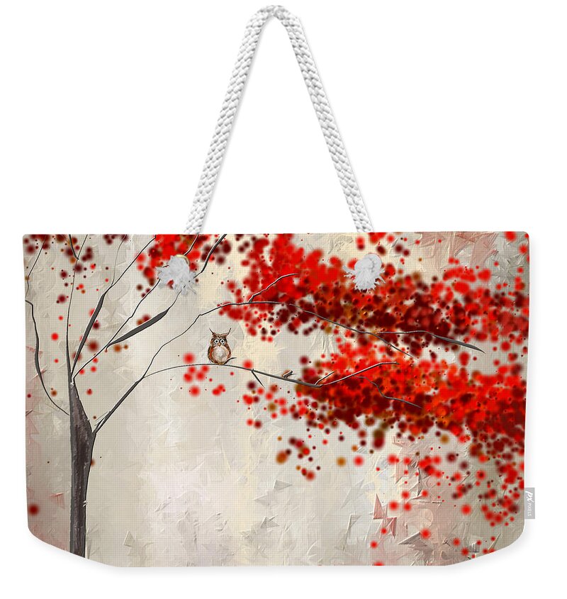 Gray And Red Art Weekender Tote Bag featuring the painting Owl In Autumn by Lourry Legarde