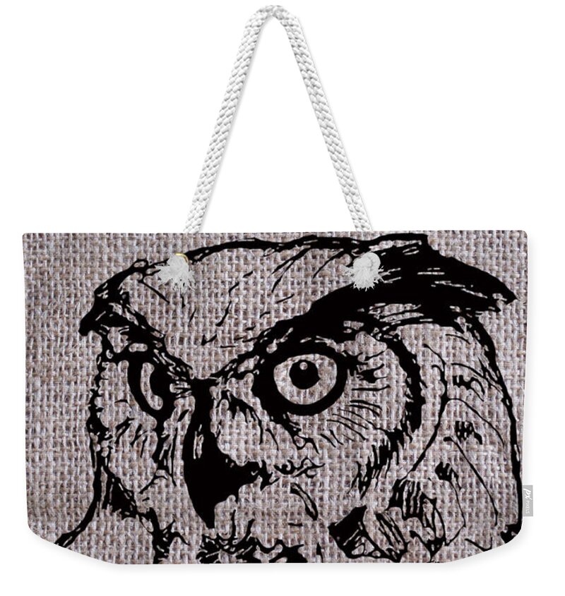 Owl Weekender Tote Bag featuring the digital art Owl on burlap by Konni Jensen