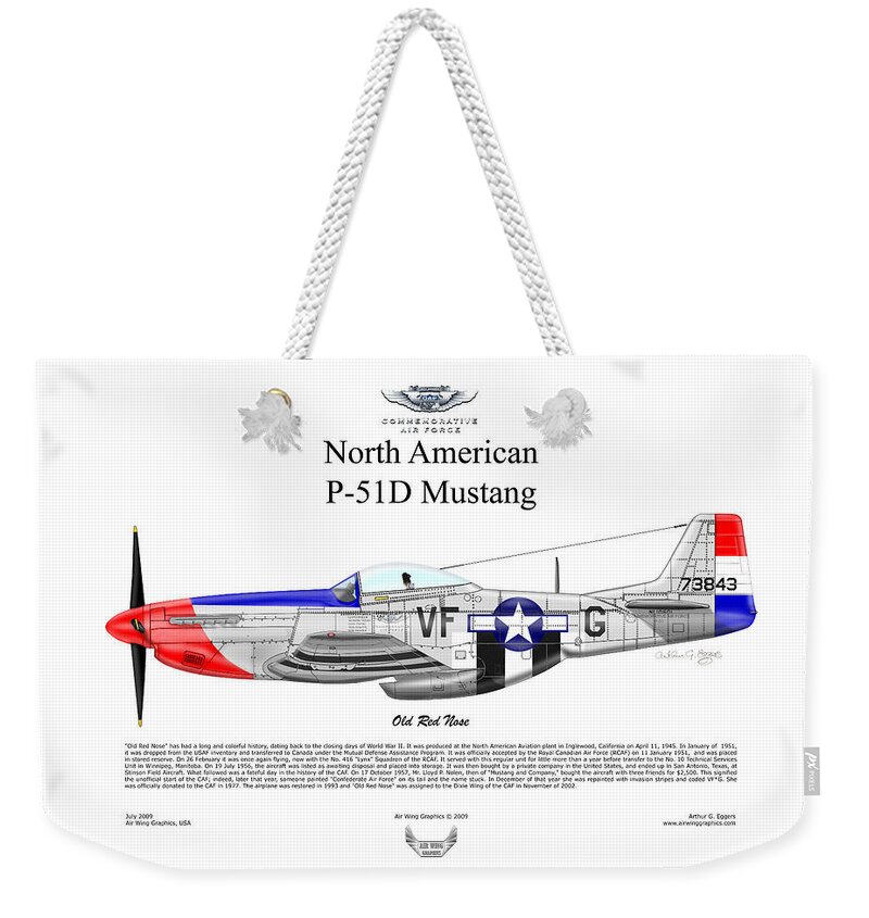 North American Weekender Tote Bag featuring the digital art P-51D Mustang Old Red Nose by Arthur Eggers