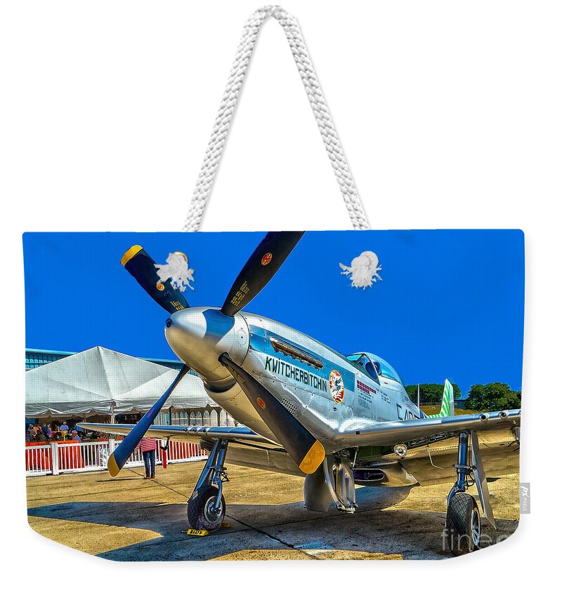 P51 Weekender Tote Bag featuring the photograph P51 Mustang Kwitcherbitchin by Nick Zelinsky Jr
