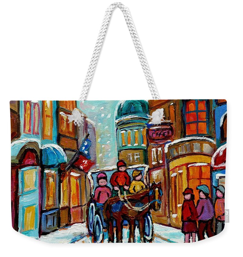Montreal Weekender Tote Bag featuring the painting Paintings Of Snowscenes Old Montreal Winter Scene Art Horse And Buggy Old City Quebec Carole Spandau by Carole Spandau