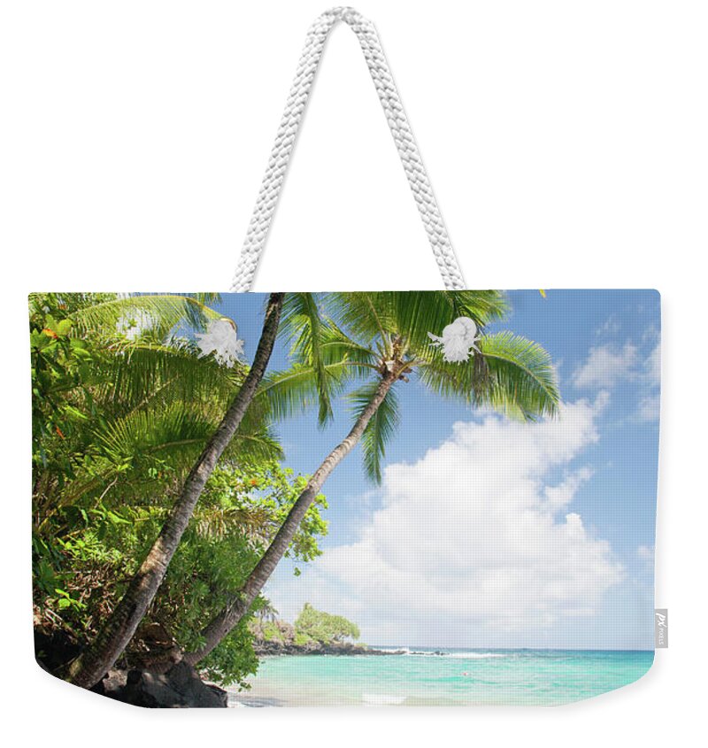 Tranquility Weekender Tote Bag featuring the photograph Palm Tree Beach by M Sweet