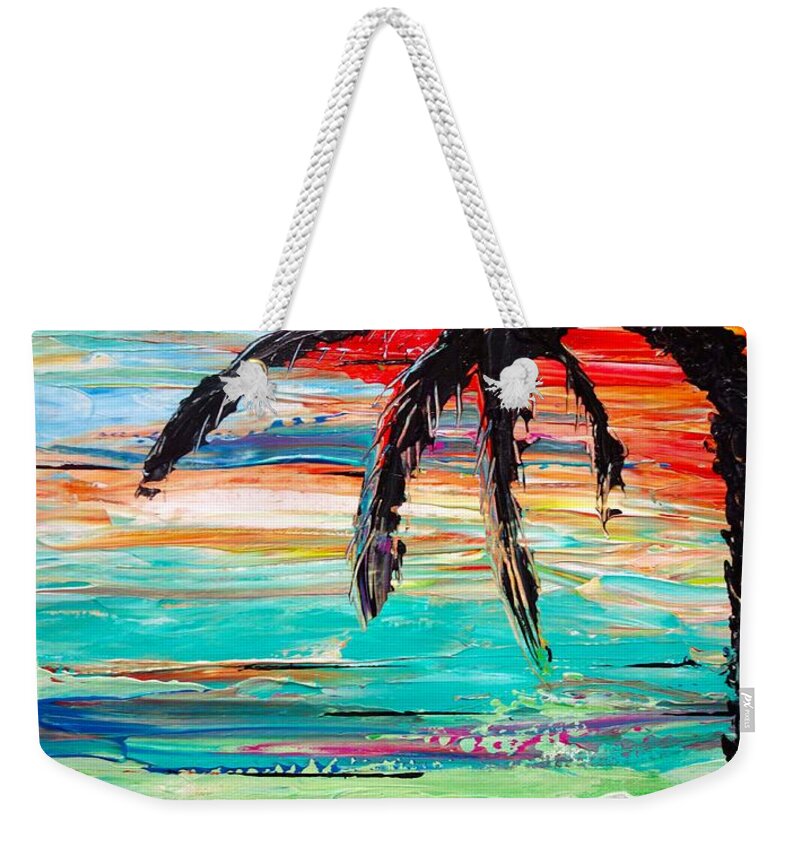 Tropic Weekender Tote Bag featuring the painting Palm Tree Sunset by Jacqueline Athmann