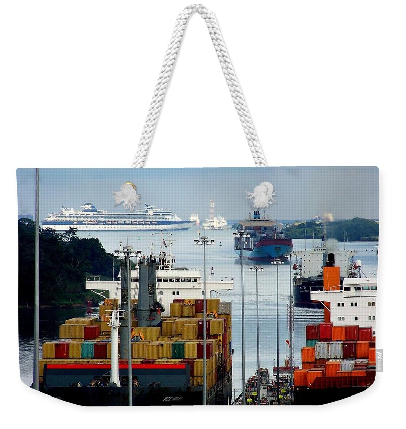 Panama Canal Weekender Tote Bag featuring the photograph Panama Express by Karen Wiles