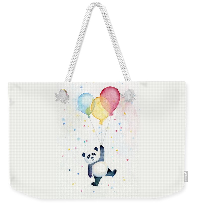 Panda Weekender Tote Bag featuring the painting Panda Floating with Balloons by Olga Shvartsur
