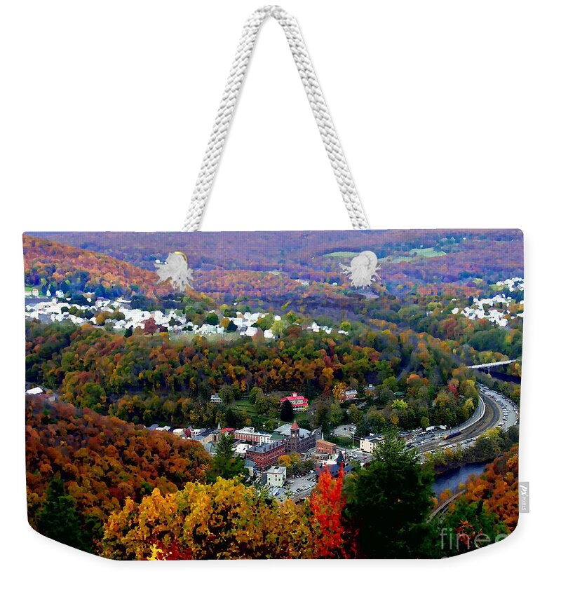 Jim Thorpe Pa Weekender Tote Bag featuring the photograph Panorama of Jim Thorpe PA Switzerland of America - Abstracted foliage by Jacqueline M Lewis