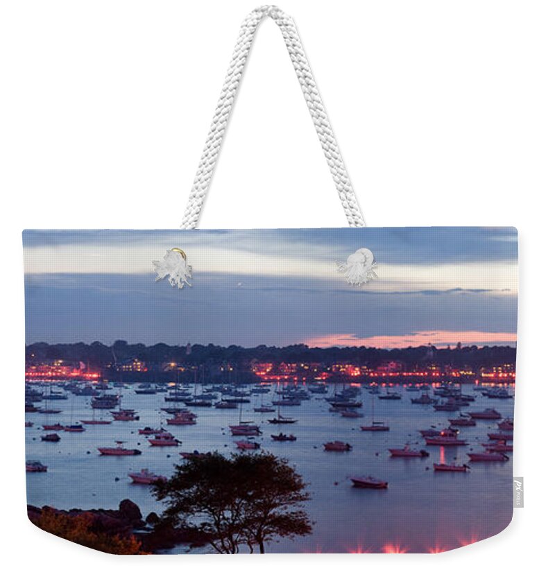 Marblehead Harbor Weekender Tote Bag featuring the photograph Panoramic of the Marblehead Illumination by Jeff Folger