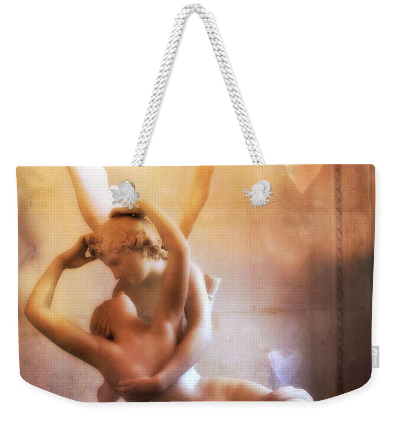 Paris Weekender Tote Bag featuring the photograph Paris Eros and Psyche Louvre Museum- Musee du Louvre Angel Sculpture - Paris Angel Art Sculptures by Kathy Fornal