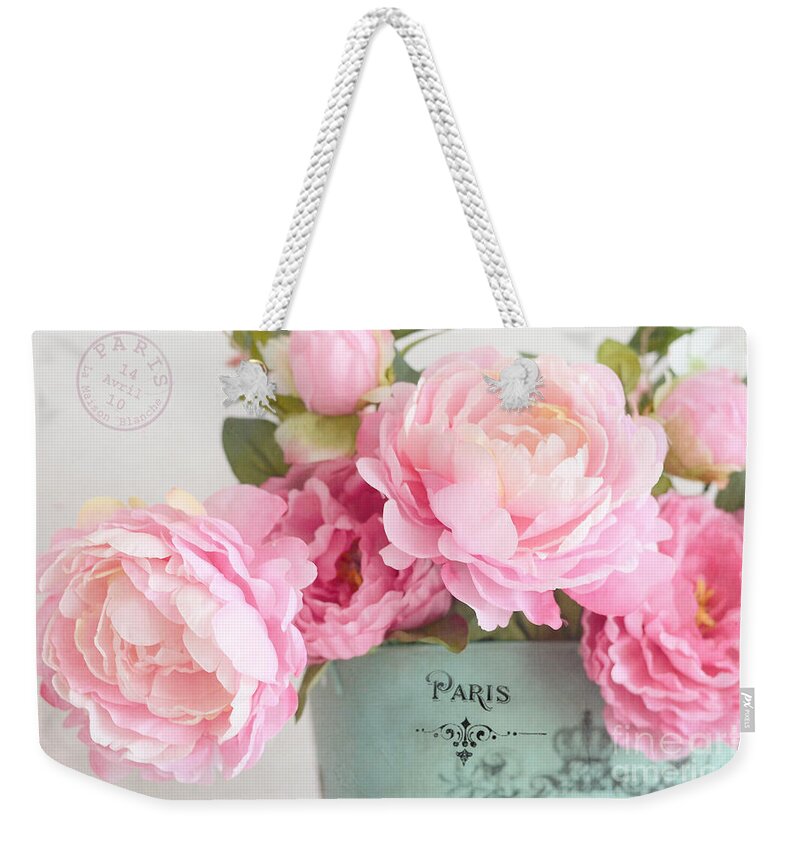 Paris Weekender Tote Bag featuring the photograph Paris Peonies Shabby Chic Dreamy Pink Peonies Romantic Cottage Chic Paris Peonies Floral Art by Kathy Fornal