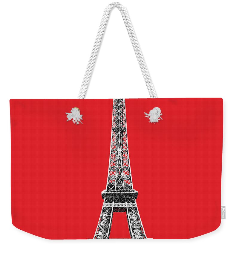 Architecture Weekender Tote Bag featuring the digital art Paris Skyline Eiffel Tower - Red by DB Artist
