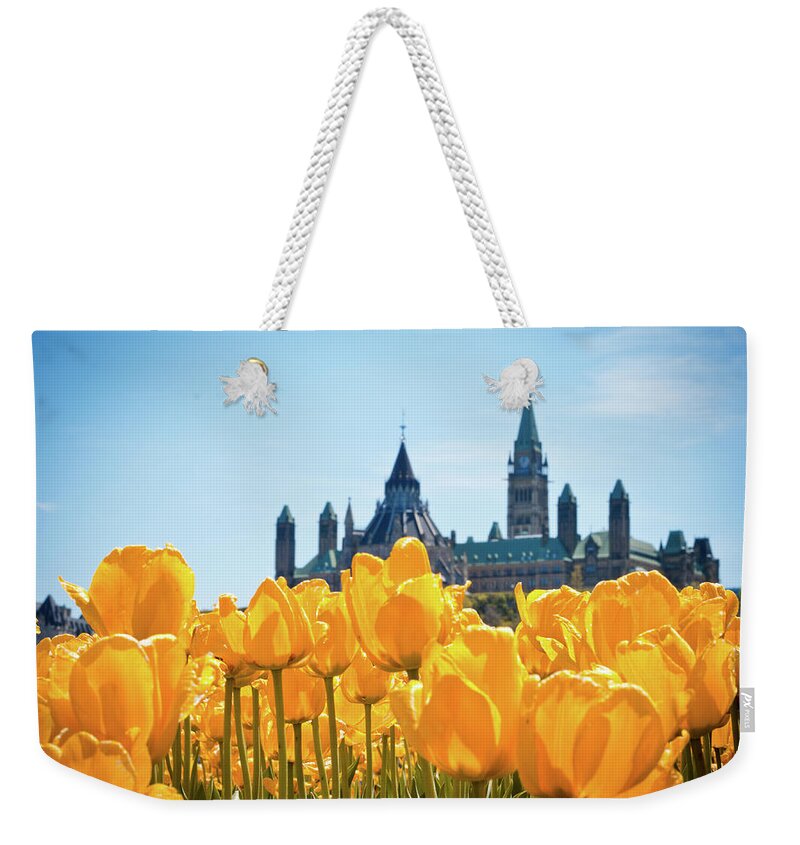 Outdoors Weekender Tote Bag featuring the photograph Parliament Buildings Through Tulips by Danielle Donders