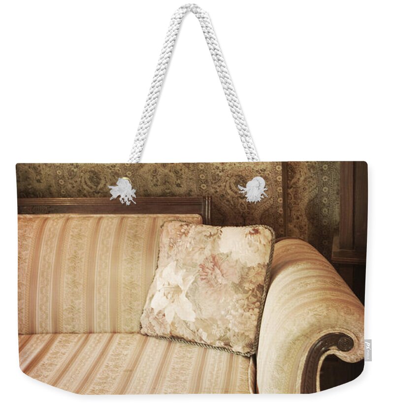 Sofa; Couch; Ornate; Curve; Pillow; Wallpaper; Interior; Still Life; Living Room; Sitting Room; Formal; Victorian; Seating; Indoors; Room; Classic; Furniture; Nobody; Empty; Antique Weekender Tote Bag featuring the photograph Parlor Seat by Margie Hurwich