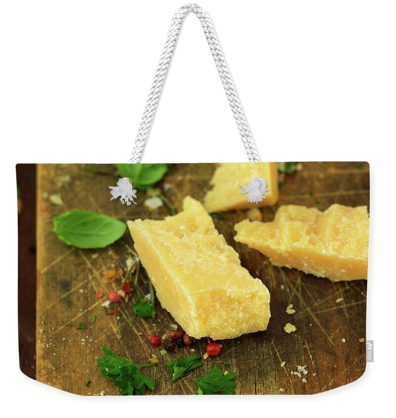 Cheese Weekender Tote Bag featuring the photograph Parmesan Cheese by Thepalmer