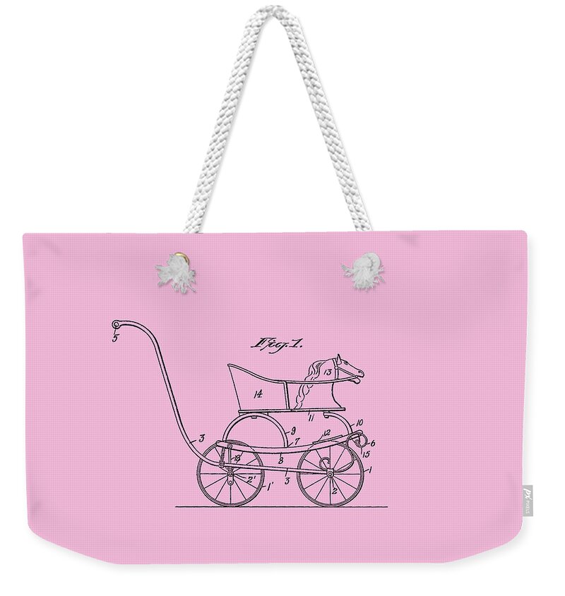 1921 Weekender Tote Bag featuring the mixed media Patent Baby Carriage 1921 Smith Horse - Pink by Lesa Fine