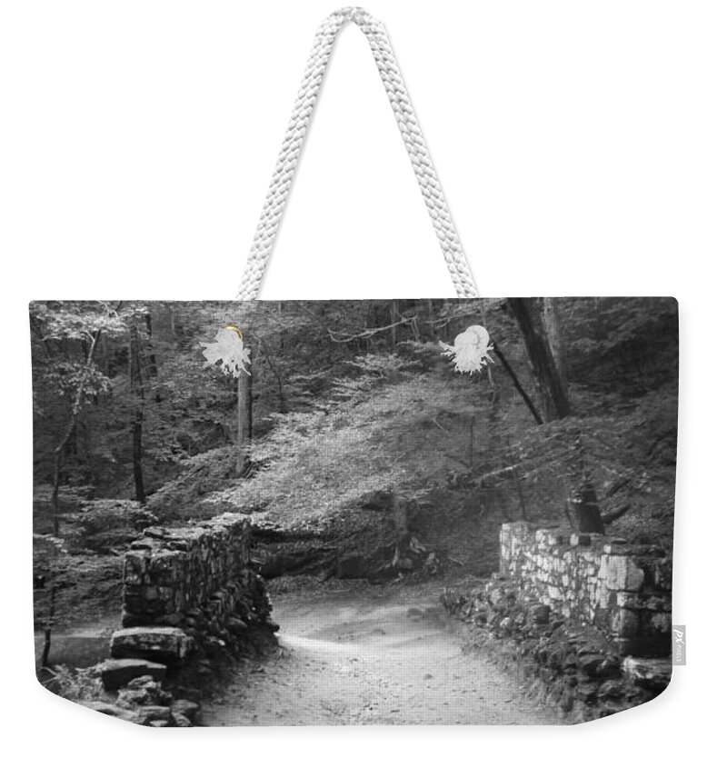 Kelly Hazel Weekender Tote Bag featuring the photograph Path in Black and White by Kelly Hazel