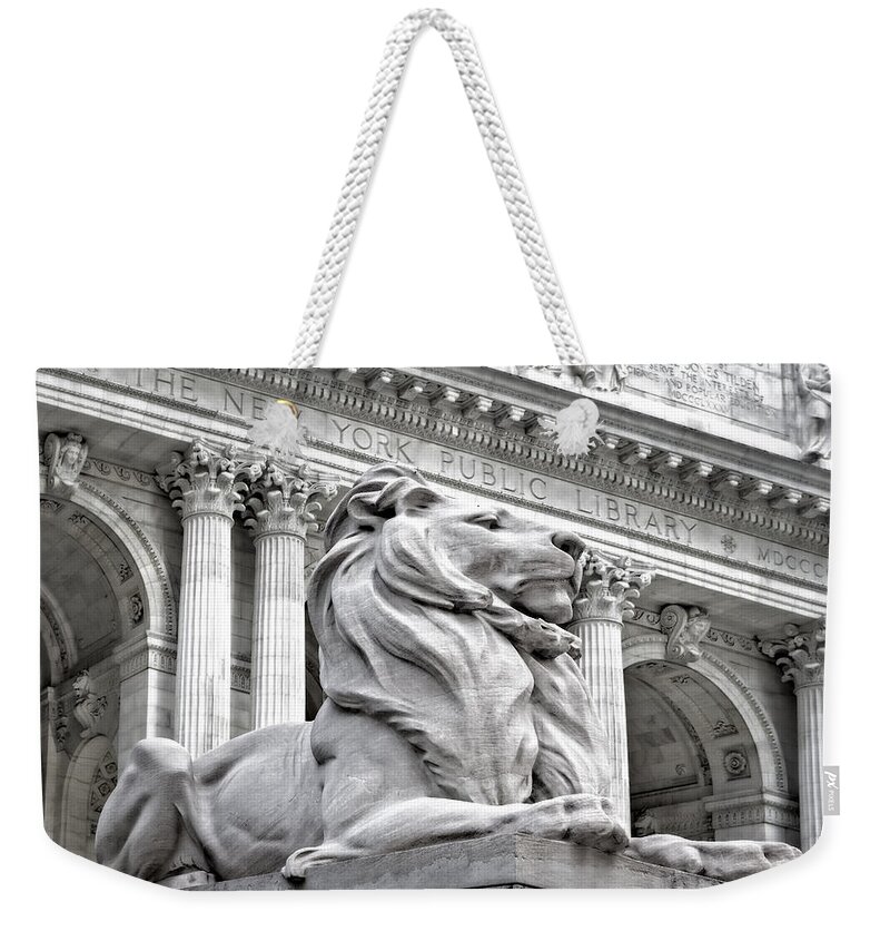 New York Public Library Weekender Tote Bag featuring the photograph Patience The NYPL Lion by Susan Candelario