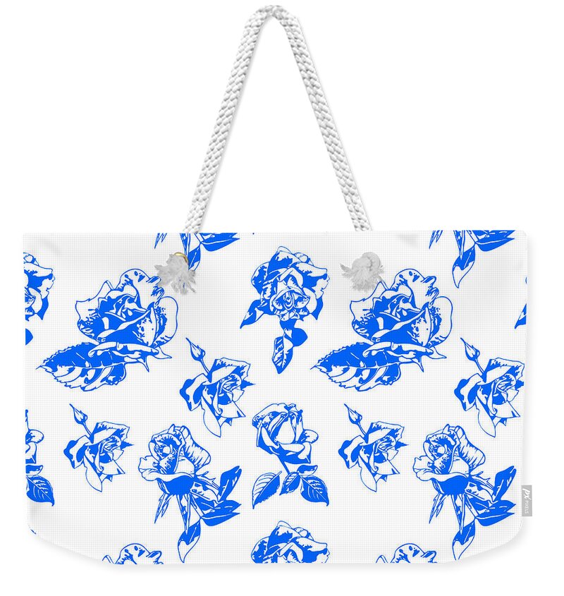 Fragility Weekender Tote Bag featuring the digital art Pattern Blue Rose On A White Background by Hanna Furs
