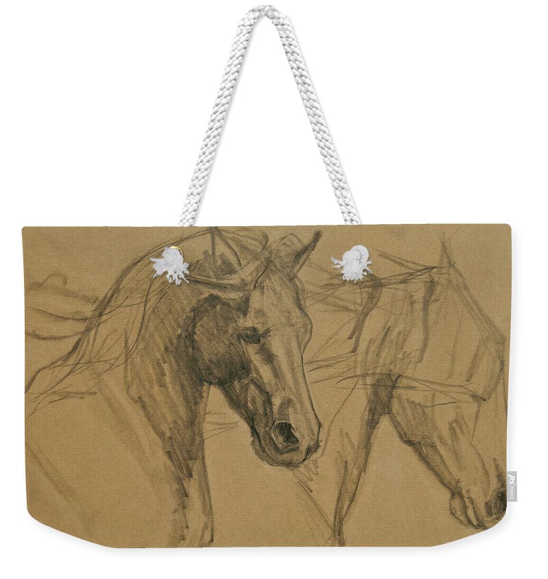 Horse Art Weekender Tote Bag featuring the drawing Peace And Justice Sketch by Jani Freimann