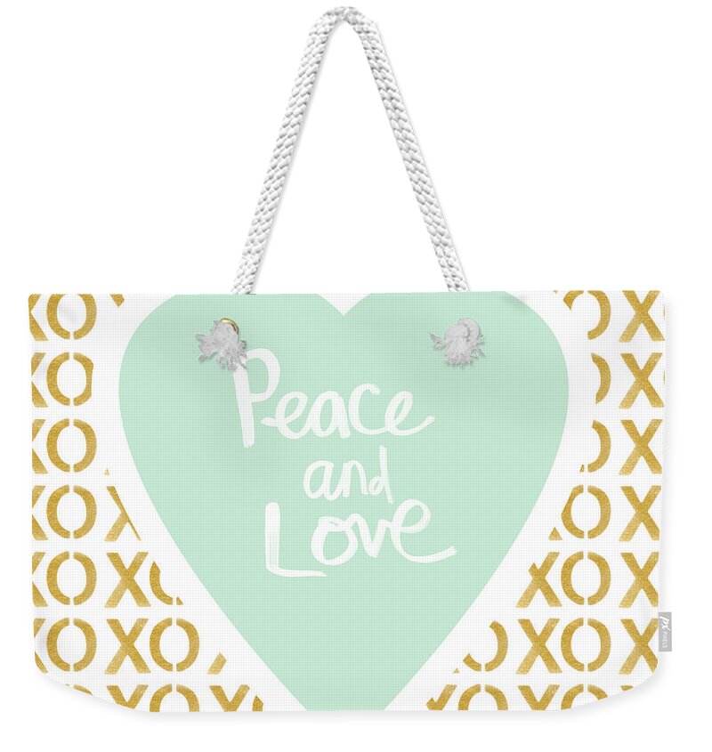 Peace Weekender Tote Bag featuring the mixed media Peace and Love in Aqua and Gold by Linda Woods