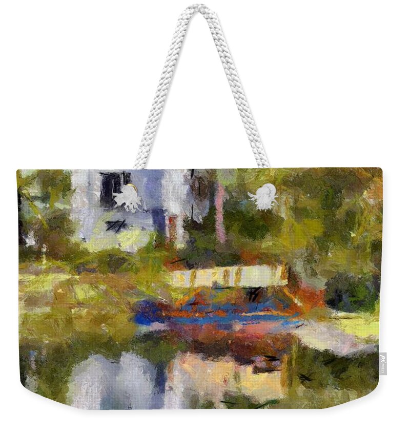 Rural Scenes Weekender Tote Bag featuring the painting Peace At Lake Bled by Dragica Micki Fortuna