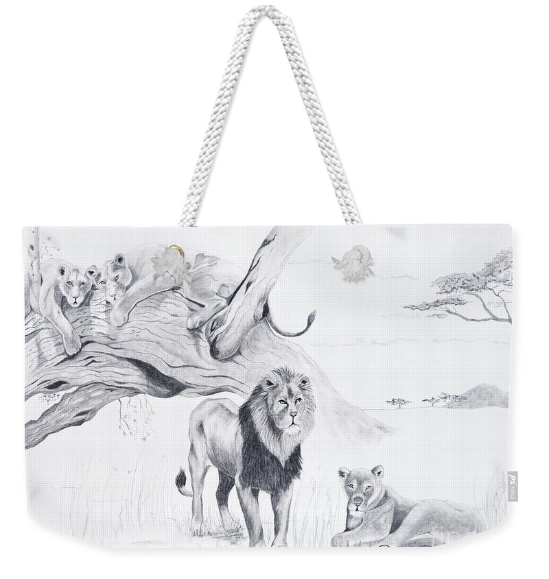 Lion Weekender Tote Bag featuring the drawing Peaceful Pride by Joette Snyder