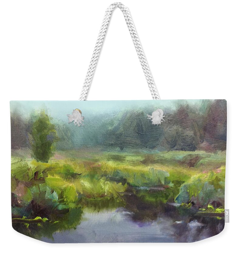 Landscape Weekender Tote Bag featuring the painting Peaceful Waters Impressionistic Landscape by K Whitworth