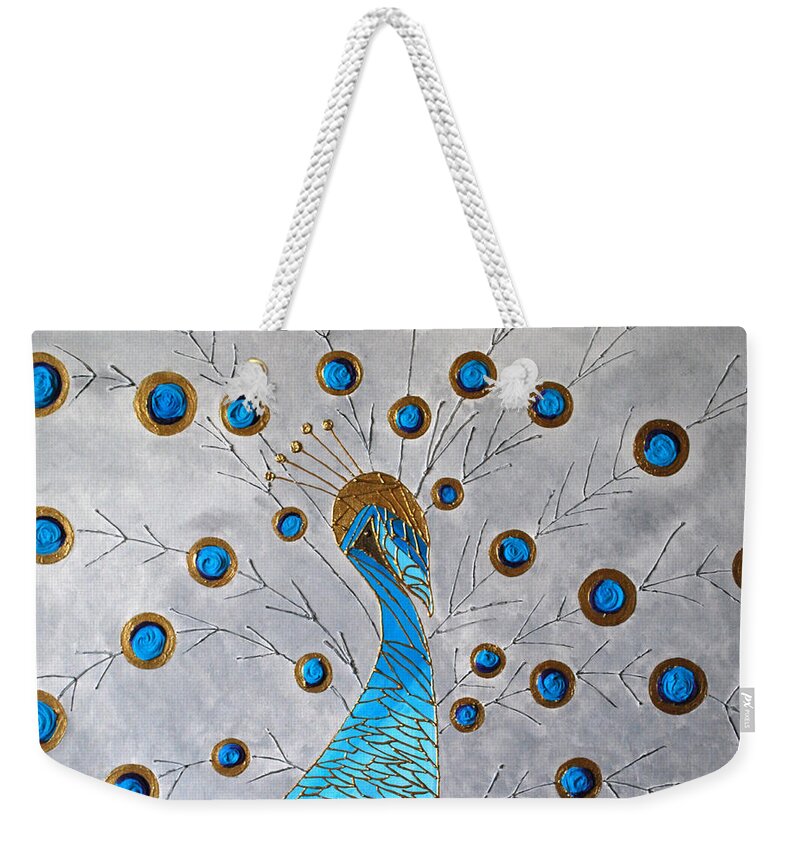 Peacock Weekender Tote Bag featuring the painting Peacock and its beauty by Sonali Kukreja