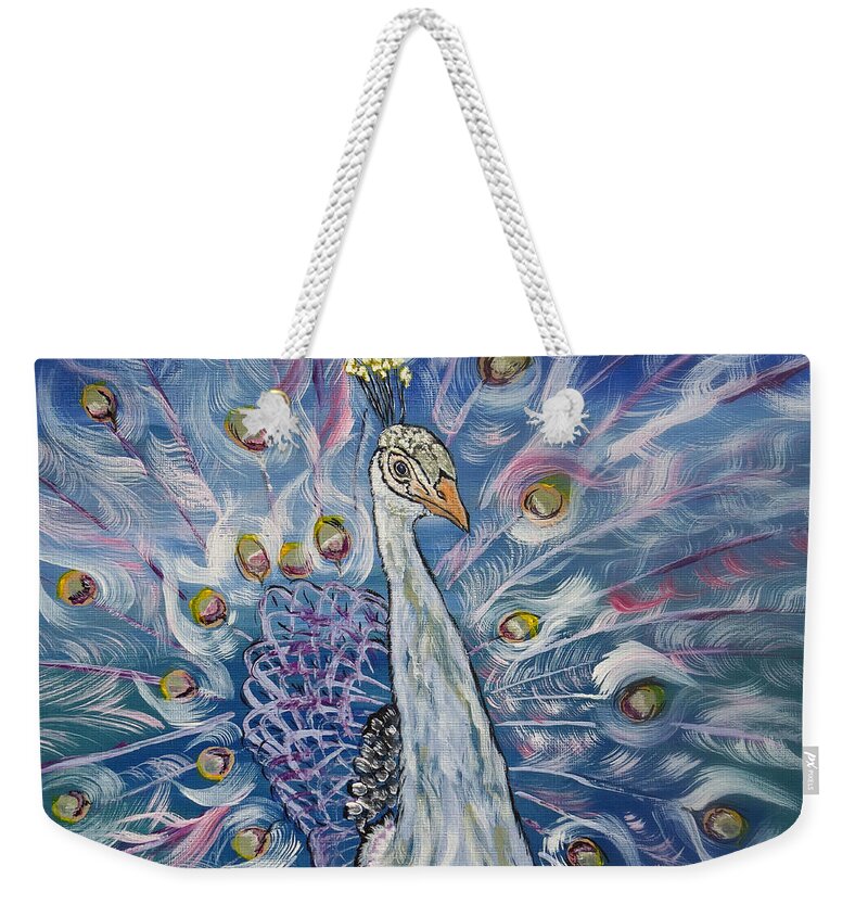 Animals Weekender Tote Bag featuring the painting Peacock Dressed In White by Ella Kaye Dickey