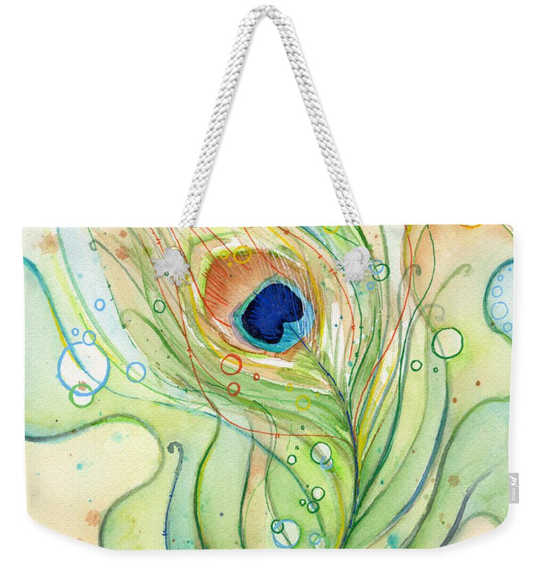 Peacock Weekender Tote Bag featuring the painting Peacock Feather Watercolor by Olga Shvartsur