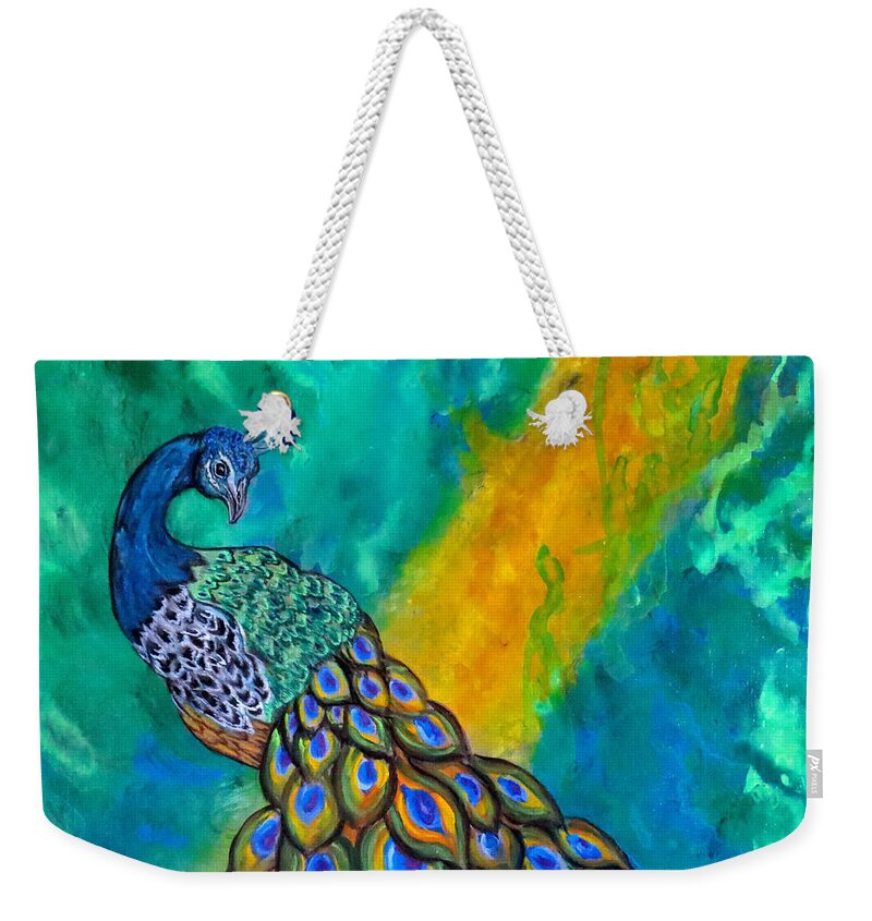Peacock Weekender Tote Bag featuring the painting Peacock Waltz II by Ella Kaye Dickey