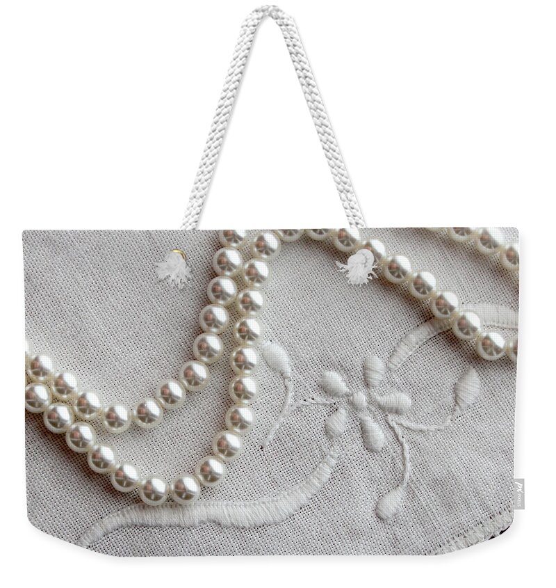 Pearls And Old Linen Weekender Tote Bag featuring the photograph Pearls and Old Linen by Barbara A Griffin