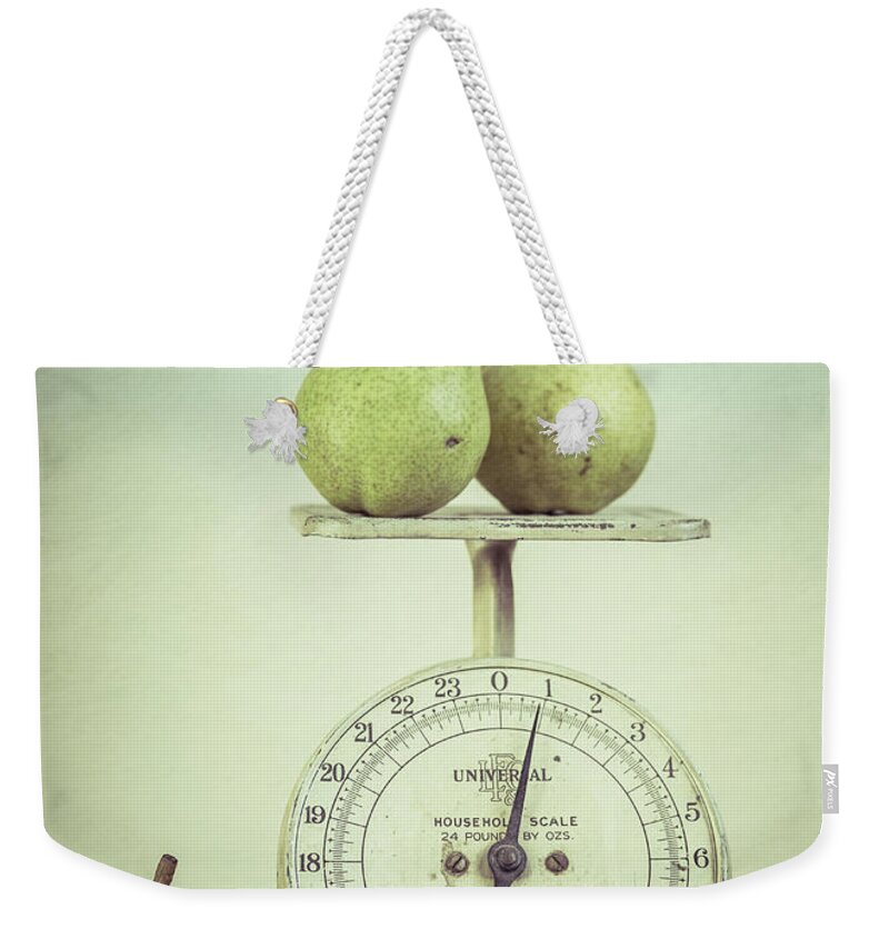 Food Weekender Tote Bag featuring the photograph Pears and Kitchen Scale Still Life by Edward Fielding