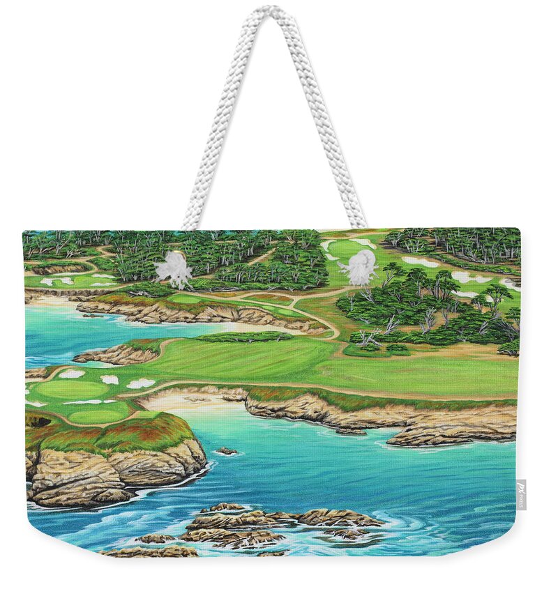 Ocean Weekender Tote Bag featuring the painting Pebble Beach 15th Hole-South by Jane Girardot