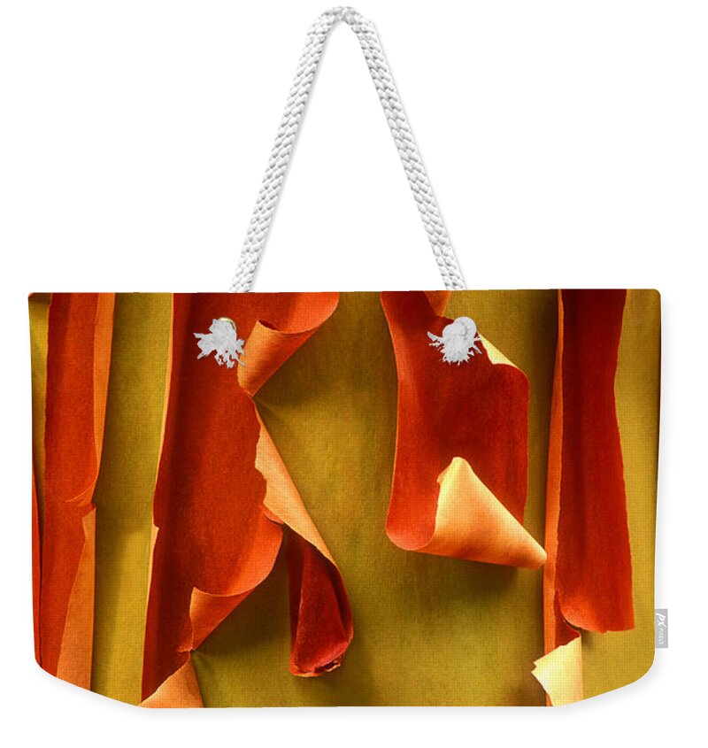 Pacific Madrone Weekender Tote Bag featuring the photograph Peeling Bark Pacific Madrone Tree Washington by Dave Welling