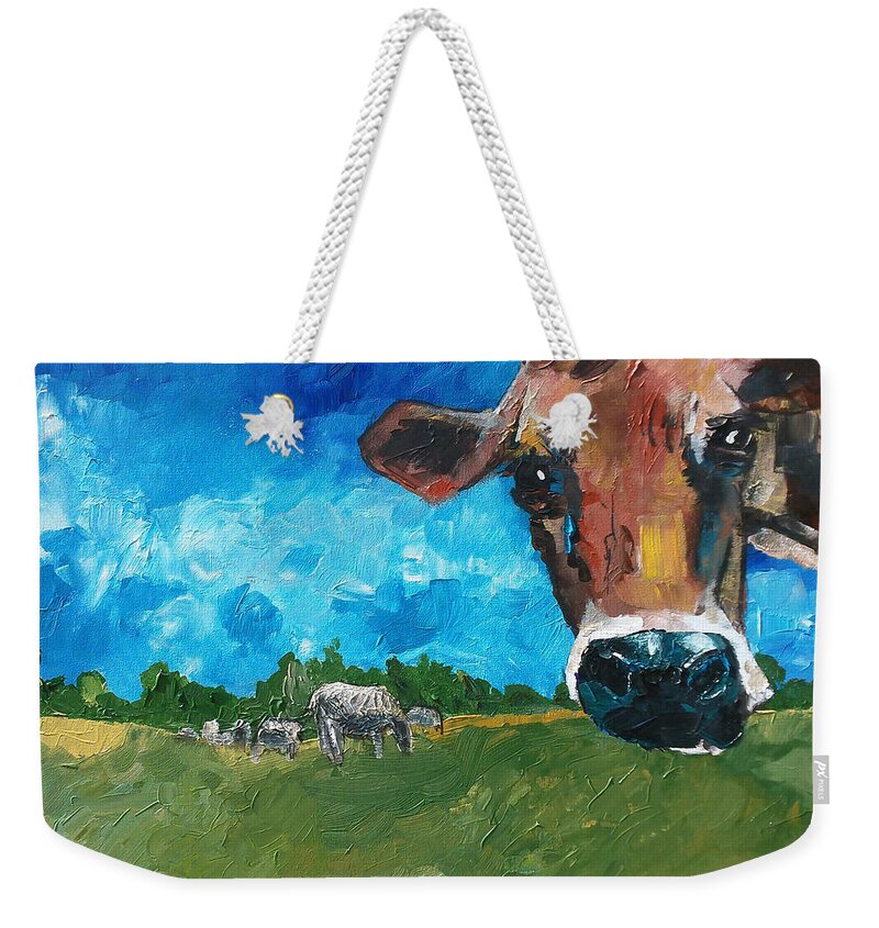 Cow Weekender Tote Bag featuring the painting Peeping Bessie by Sean Parnell