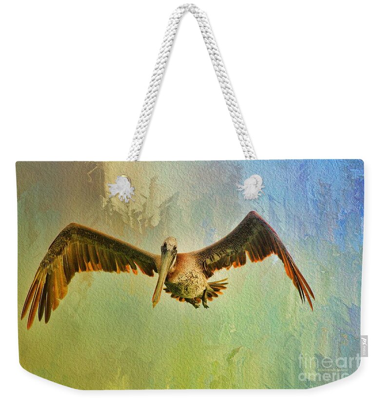Pelican Weekender Tote Bag featuring the photograph Pelican on Texture by Deborah Benoit