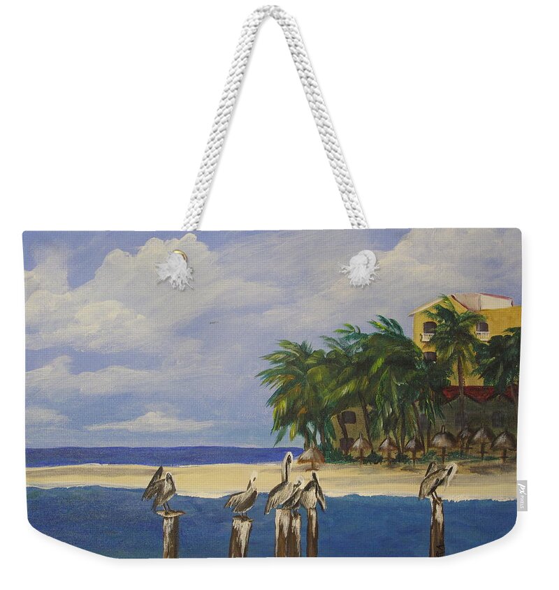 Seascape Weekender Tote Bag featuring the painting Pelican Perch by Kathie Camara