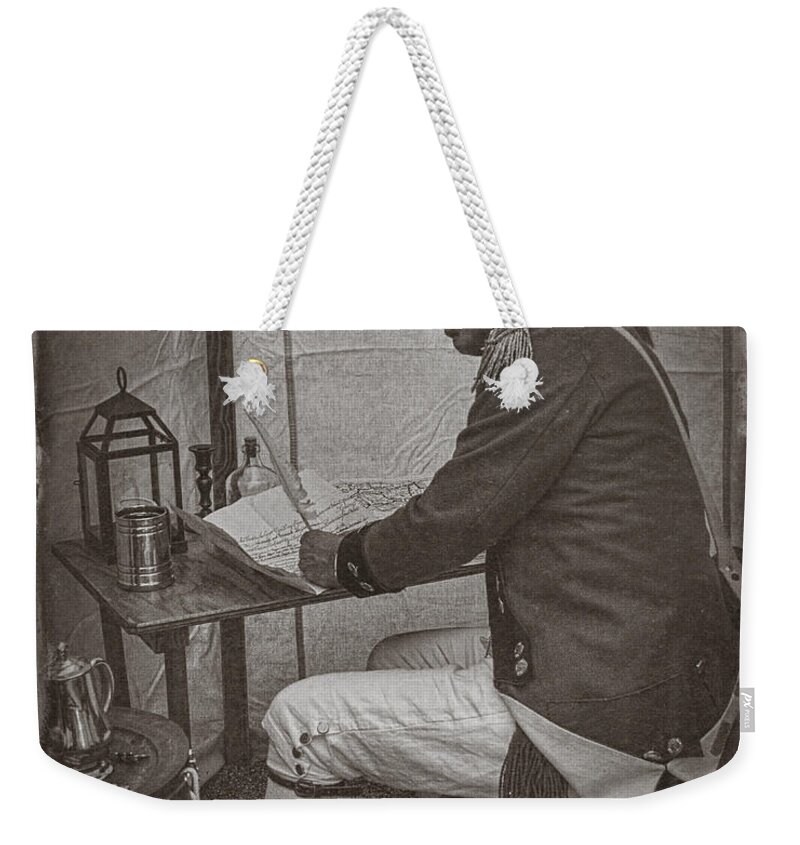 Revolutionary War Reenactment Weekender Tote Bag featuring the photograph Penning a Letter to King George the Third  by Priscilla Burgers