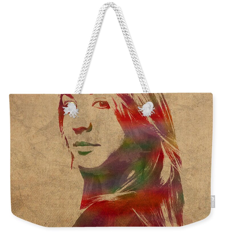 Penny Weekender Tote Bag featuring the mixed media Penny Big Bang Theory Kaley Cuoco Watercolor Portrait on Worn Distressed Canvas by Design Turnpike