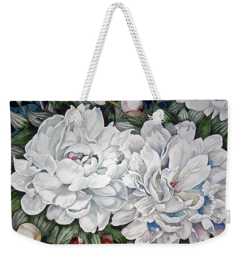 Flowers Weekender Tote Bag featuring the painting Peonies Love Ants by Helen Klebesadel