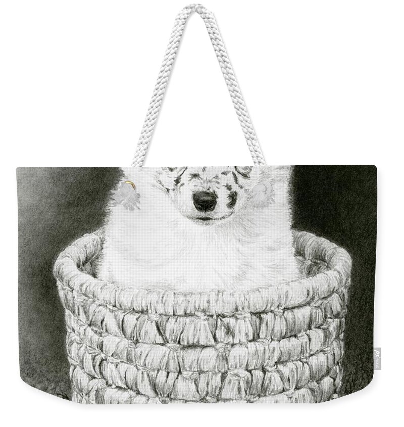 Border Collie Weekender Tote Bag featuring the drawing Pepper by Ann Ranlett