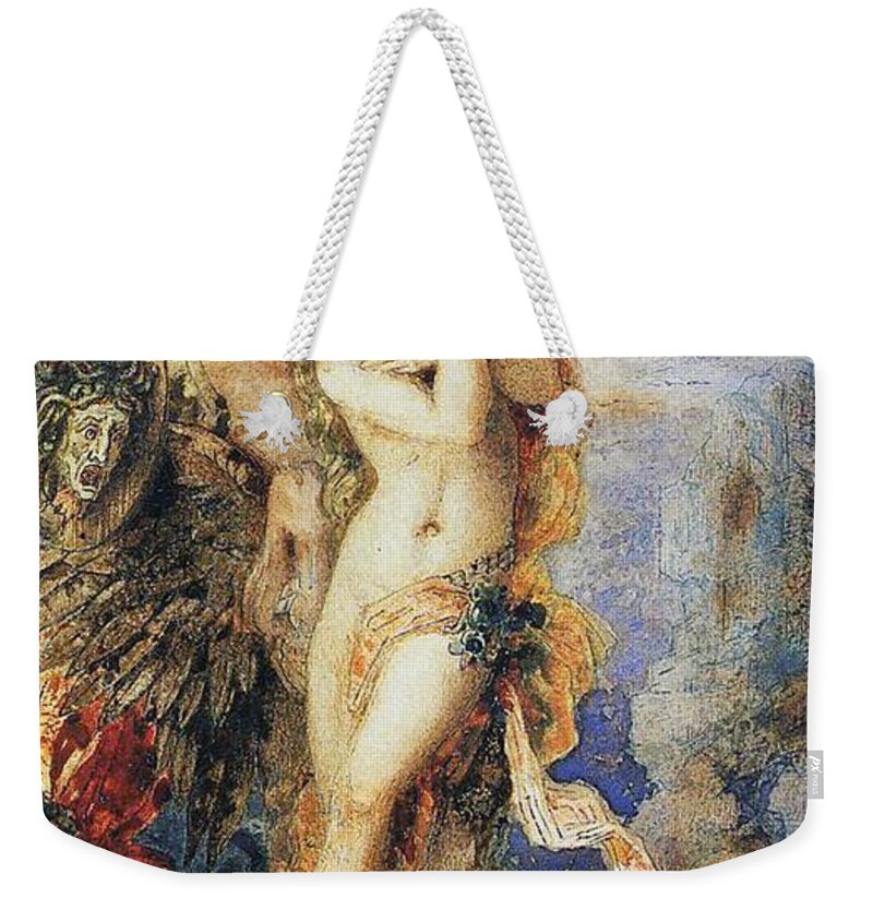 Mythological; Mythology; Greek Myth; Female; Nude; Sacrifice; Chained; Tied; Rock; Sea Monster; Beast; Dragon; Serpent; Rescue; Rescuing; Saving; Male; Pegasus; Horse; Wings; Winged; Shield; Head; Gorgon; Medusa; Rocks; Rocky; Hero; Lovers Weekender Tote Bag featuring the painting Perseus and Andromeda by Gustave Moreau